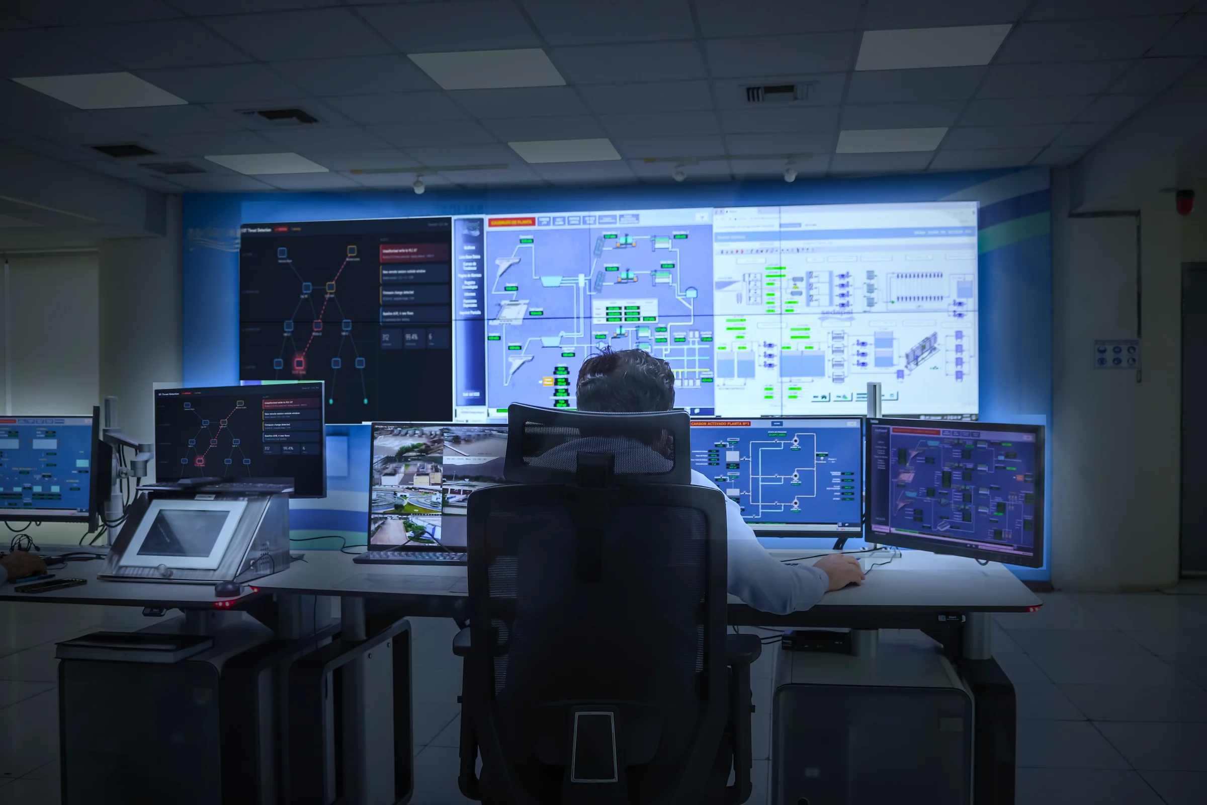 An OT security analyst watching live threat detection across a plant control room
